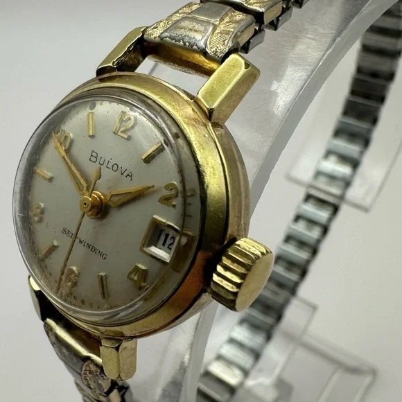 Vintage Bulova Women’s Self-Winding Watch | Two-Tone Stretch Bracelet | Date - Picture 5 of 13